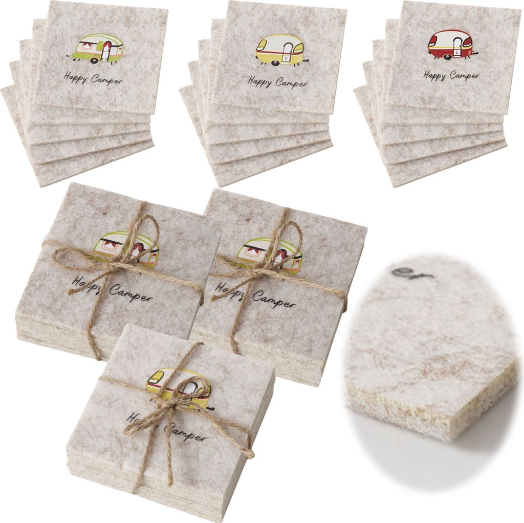 LS-LebenStil 6x Filz Glasuntersetzer Set 10cm Happy Camper Eckig Bierdeckel für Gläser Getränke Tassen Untersetzter Tisch-Deko