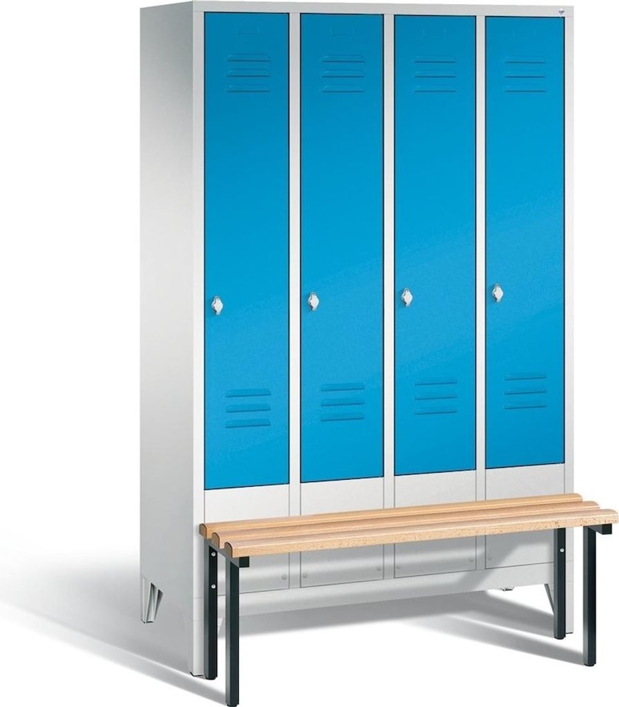 Garderobenschrank, vorgeb. Sitzbank, BxTxH 1190x500x1850 mm, 4 Abt., Abt.B 300 mm, Holzleisten, Drehriegel, RAL 7035/5012