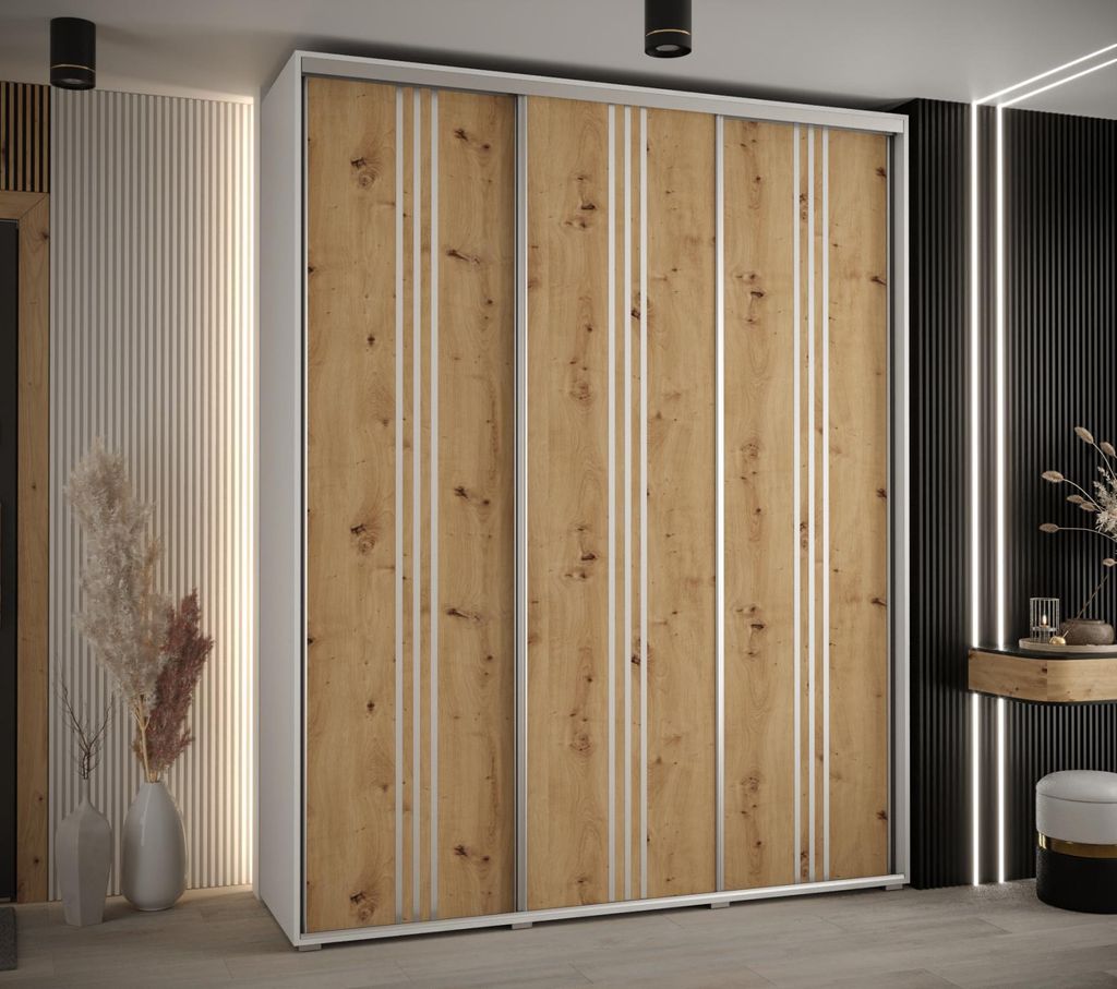 Kleiderschrank ASIRI 6 - 200/60 cm, Weiß / Artisan-Eiche / Silber