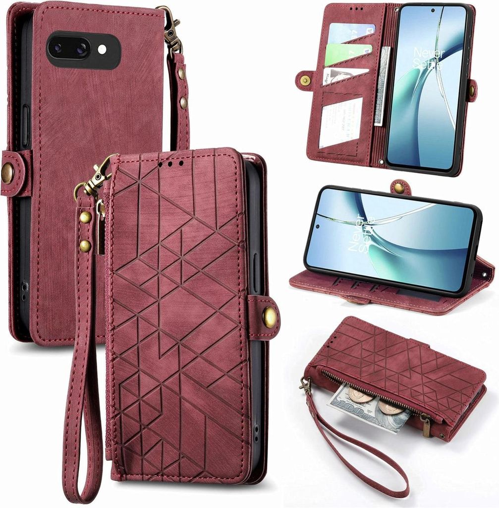 Für Google Pixel 9a Geometric Design Kunstleder Zipper Book Wallet Tasche mit Schlaufe Rot