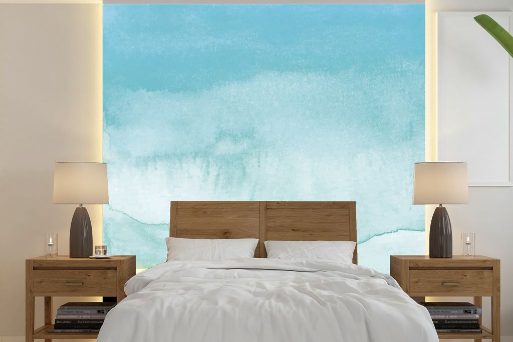 MuchoWow Fototapete für Wohnzimmer oder Schlafzimmer Wandtapete Vinyl Motivtapete Strand - Meer - Aquarell - 240x240 cm - Schlafzimmer-Tapete