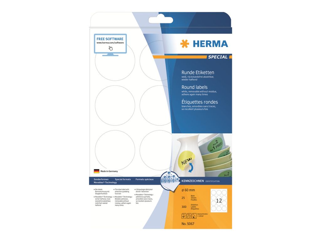 Herma 5067 etiketten, A4, wit, diameter 60 mm, rond, Productafbeelding 