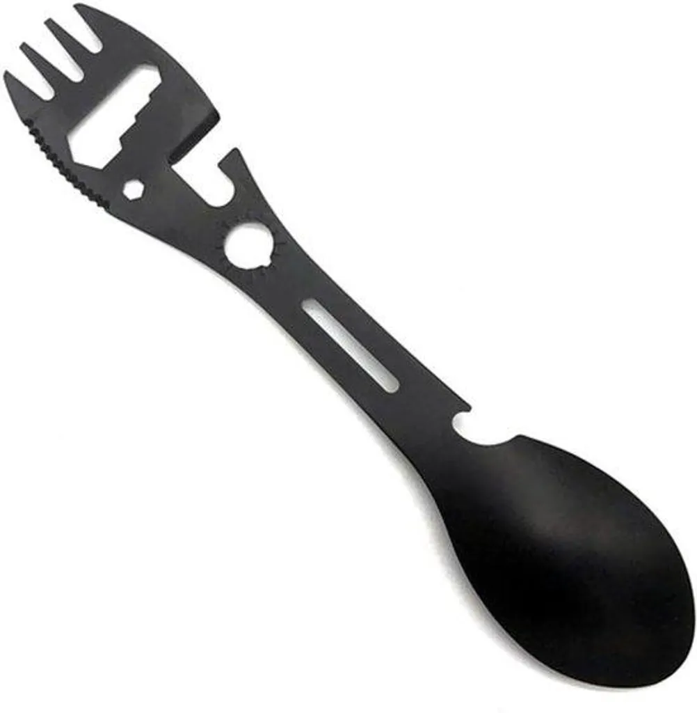 Kit repas camping : Cuillère-fourchette tactique noire avec décapsuleur