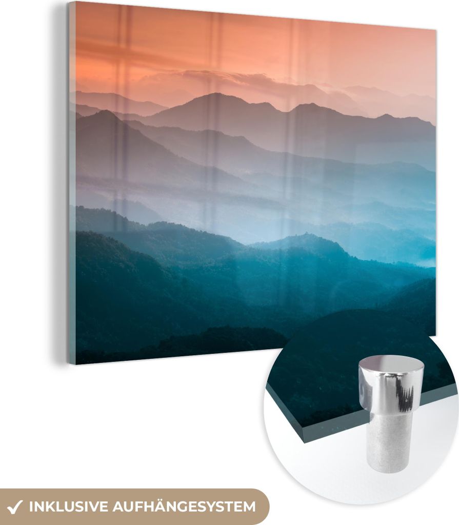 MuchoWow Glasbilder - Bilder auf Wandbild - Foto auf Glas Berge - Sonne - Orange - Natur 80x60 cm Wanddekoration aus Glas - Acrylglasbild - Acrylbi...