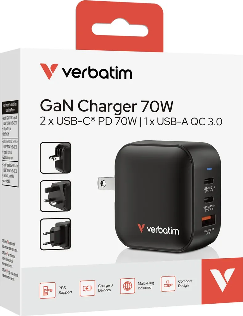 Mini Caricatore GaN Verbatim 70W 32229: USB-C PD per MacBook e iPhone