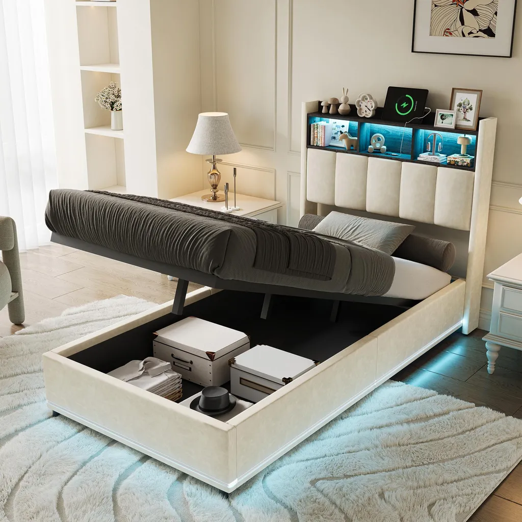 Lit 90x200 velours beige : gagnez de la place avec rangement et LED USB