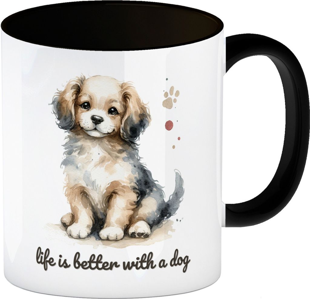 niedlicher Hund Kaffeebecher in schwarz mit Spruch life is better with a dog