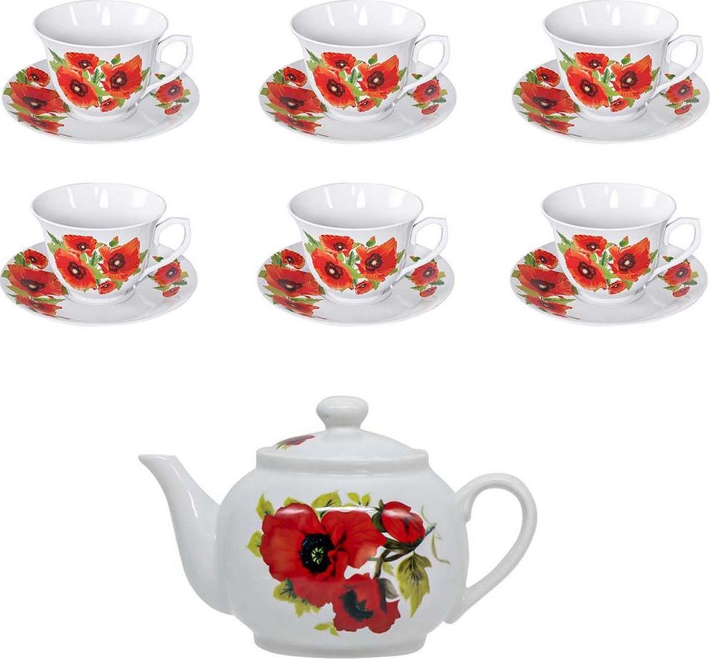 Set Teekanne Mohnblumen 0,9 L + Teeservice 12 Teilig 6 Tassen+ 6 Untertassen Porzellan