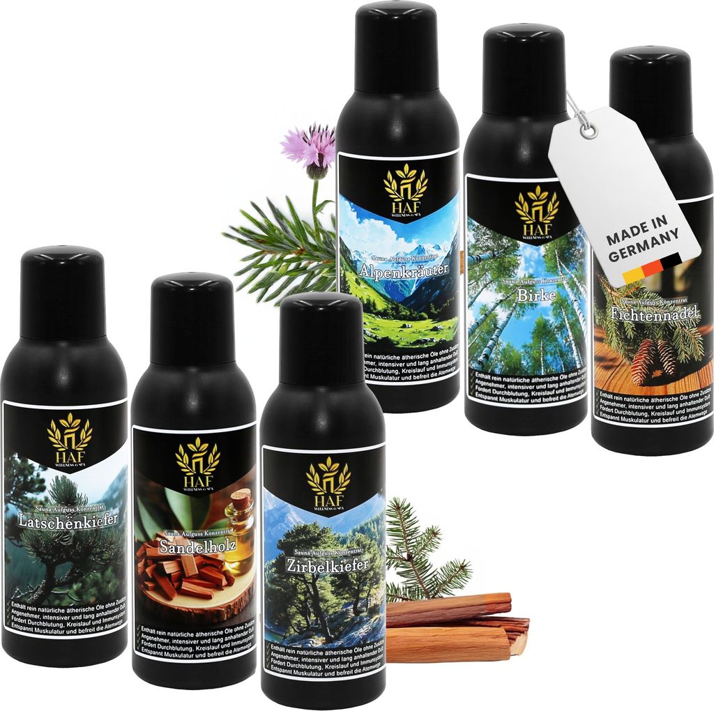 HAF Saunaaufguss Set „Naturkraft“ - 6 x 250ml Sauna Aufgussmittel Alpenkräuter, Birke, Fichtennadel, Latschenkiefer, Sandelholz, Kiefer