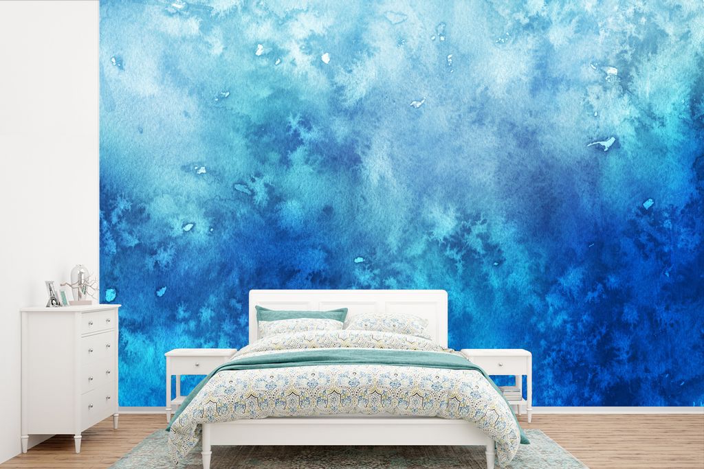 MuchoWow Fototapete für Wohnzimmer oder Schlafzimmer Wandtapete Vinyl Motivtapete Aquarell - Blau - Muster - 360x240 cm - Vinyl-Tapete
