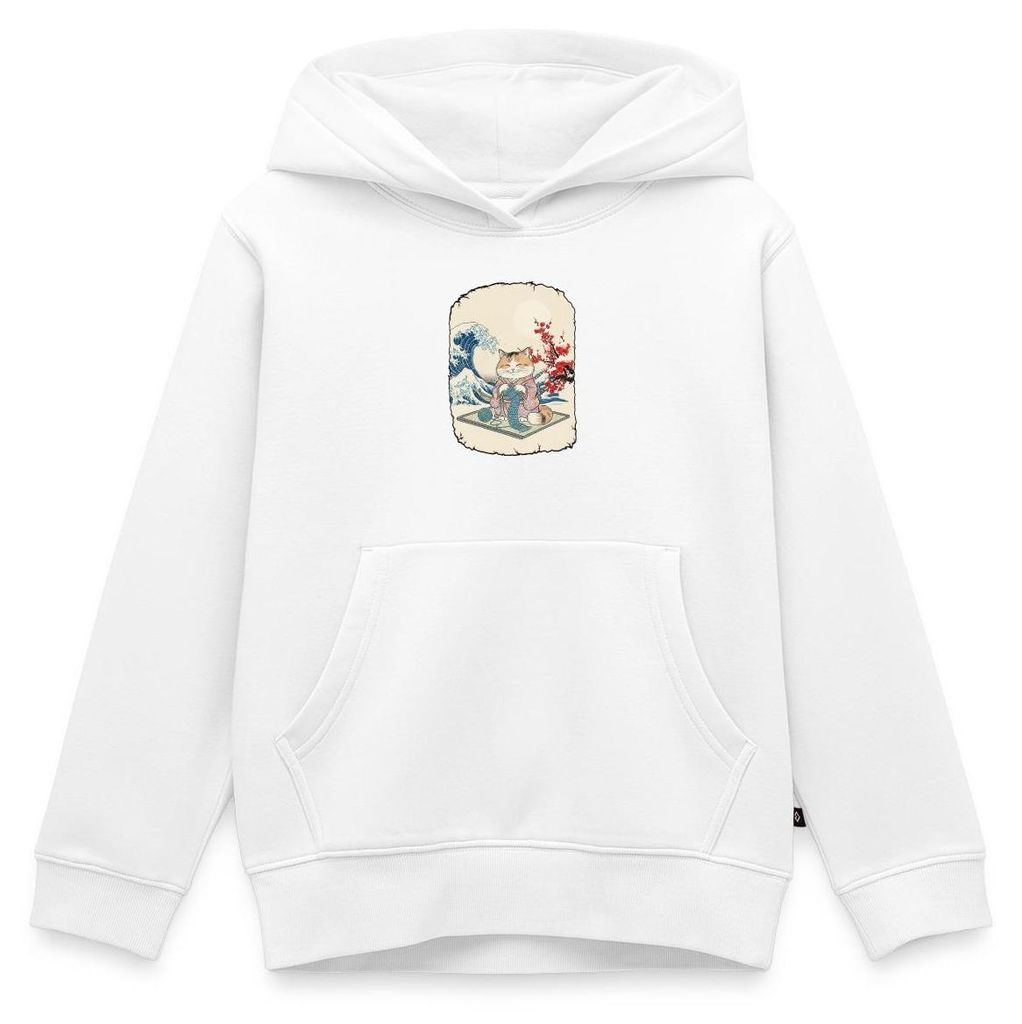 Spreadshirt Strickende Katze | Japanische Katzenkunst Kinder Premium Hoodie, 146/152 (10 Jahre), Weiß