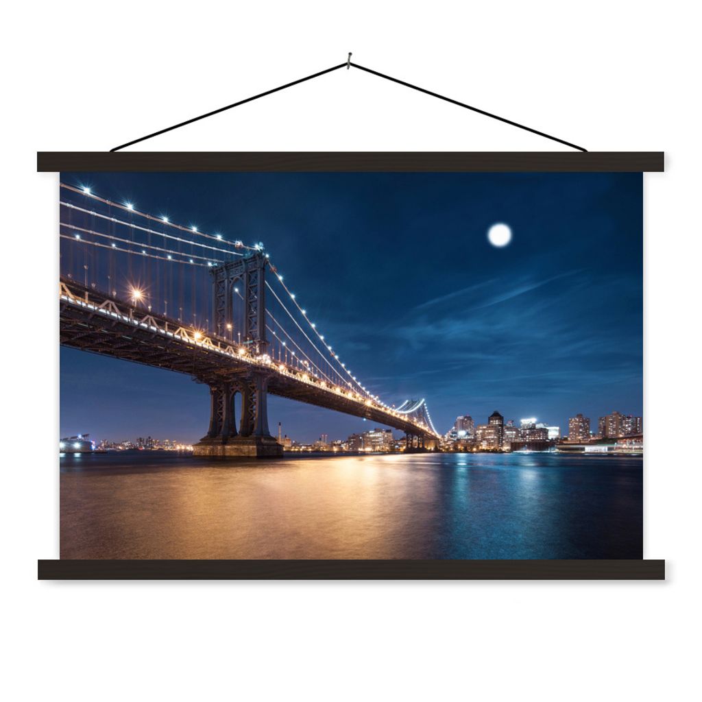MuchoWow Textilposter New York - Manhattan - Mond 60x40 cm mit schwarzem Rahmen - Hölzernes