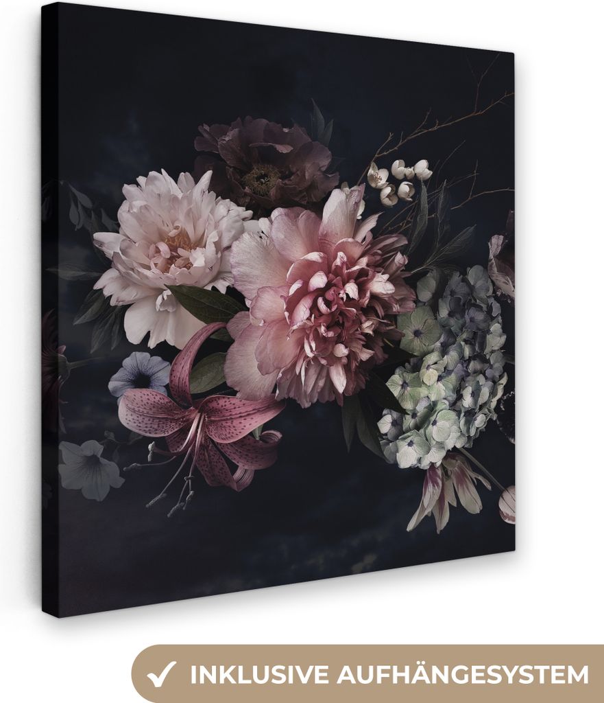 MuchoWow - Leinwandbilder - Blumen - Vintage - Pastell - Schwarz - Blumenstrauß, Wandbild, Wanddeko Bilder Wohnzimmer, 20x20 cm
