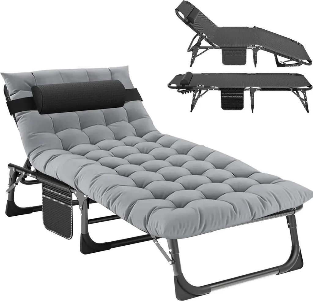 Lit d'appoint pliant pour camping et jardin - Chaise-lit grise mobile
