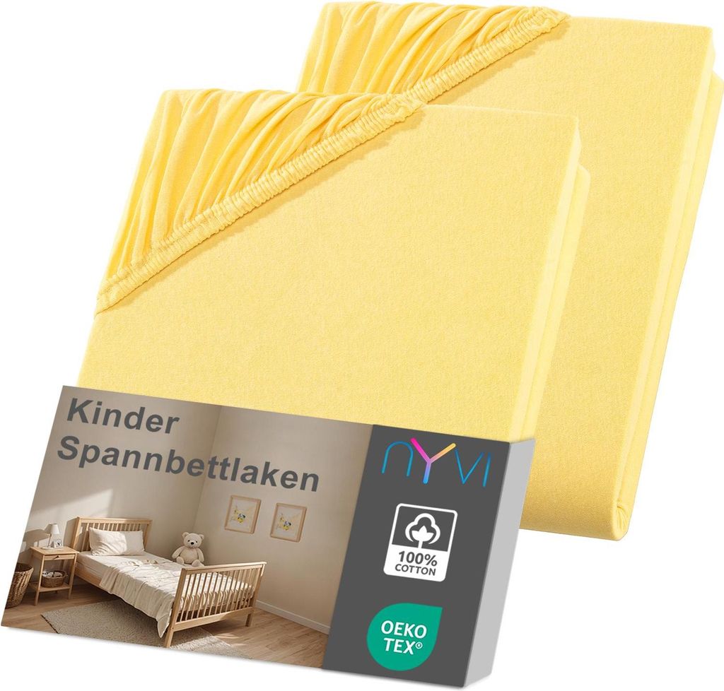 NYVI Kinder Spannbettlaken Junior 70x140 cm gelb 2er Set für Kinderbettmatratzen bis 12cm Höhe - Weich & Anschmiegsam, Rundumgummizug, Bügelfrei