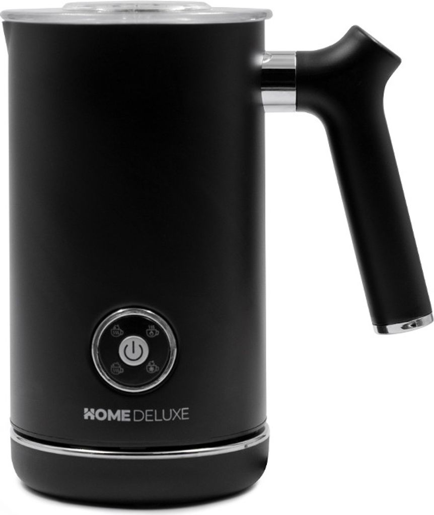 A black milk frother with a silver lid and handle accents, shown from a slightly diagonal front-left angle against a white background.