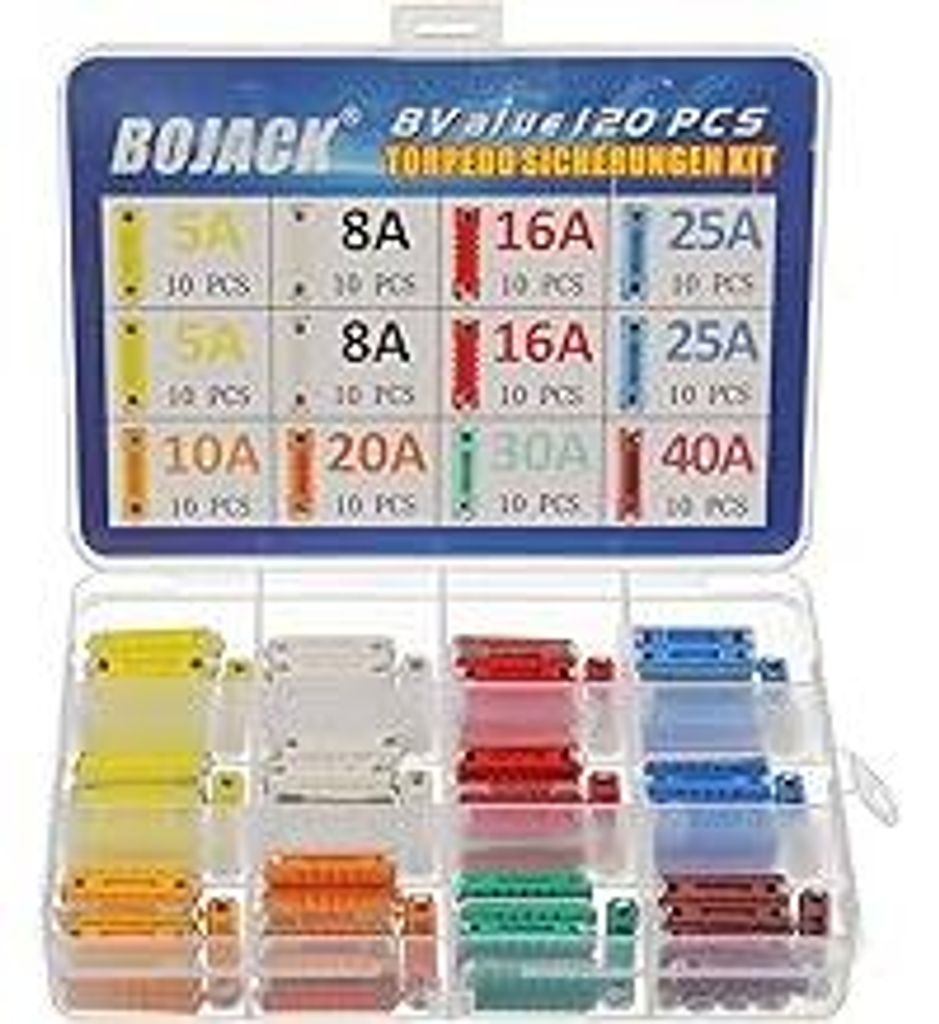 BOJACK 8Values 120 Stück Torpedosicherungen, Abschmelzsicherung, Torpedo-sicherung-Sicherung 5A 8A 10A 16A 20A 25A 30A 40A, schützen Kfz-Stromkre...