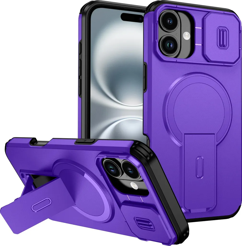 Cover iPhone 16 Plus Antiurto Militare Viola con Supporto e Slide Cam