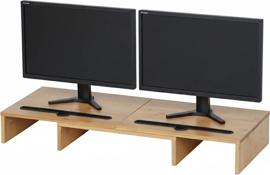 Support d'écran double pour télétravail en bambou avec rangements PC