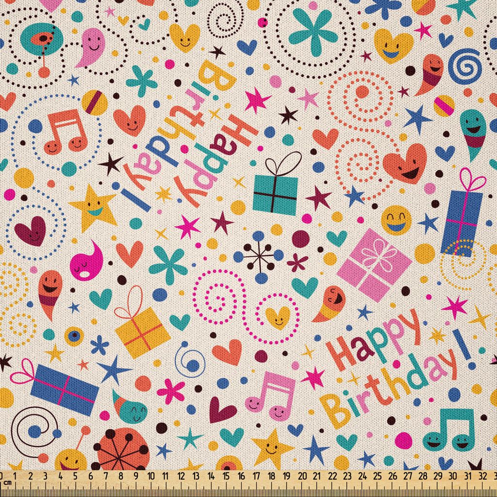 ABAKUHAUS Geburtstag Microfaser Stoff als Meterware , Punktierte Spiralen Stars Hearts Musical Notes Überraschung präsentieren Boxen Pattern Smil...