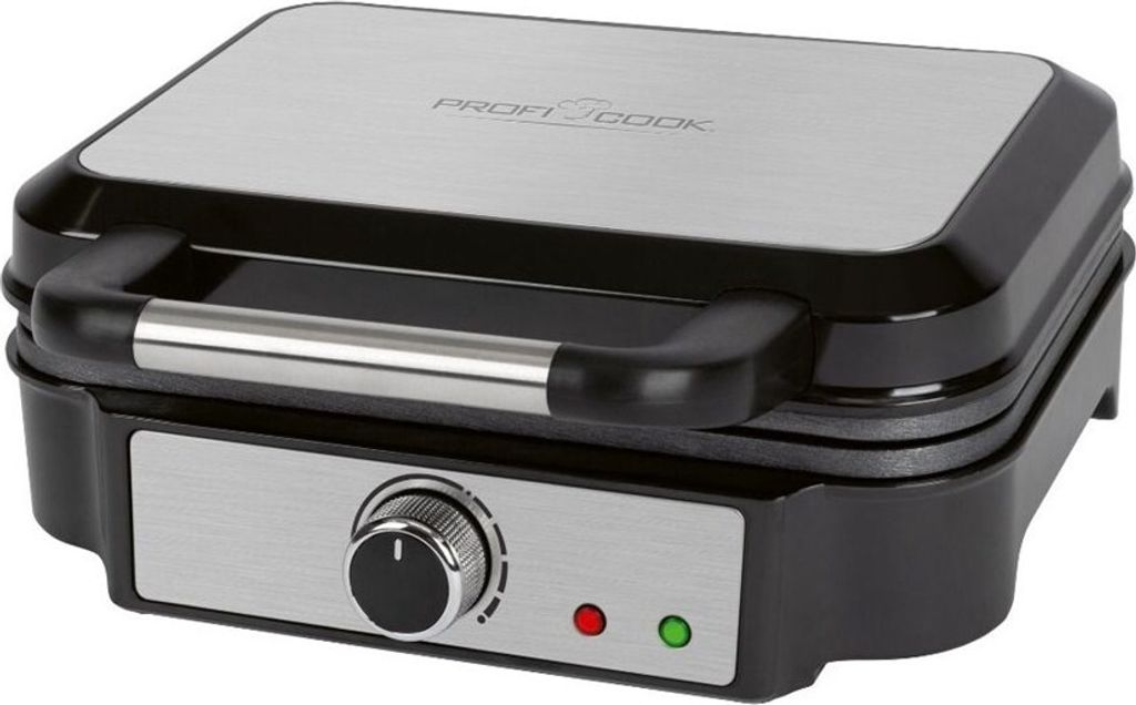 A waffle maker is shown from a slightly elevated front-left angle against a white background.