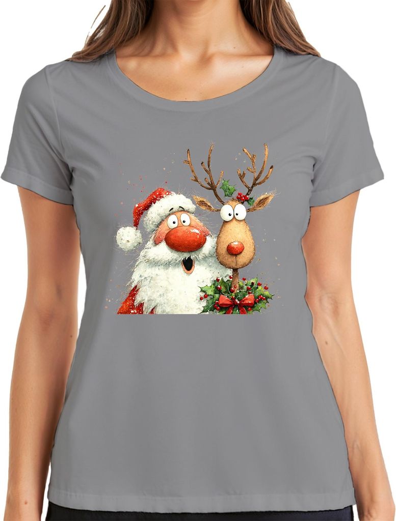 Weihnachtsmann Rentier lustig Aquarell Weihnachten Geschenk Retro Damen T-Shirt, Grau, L