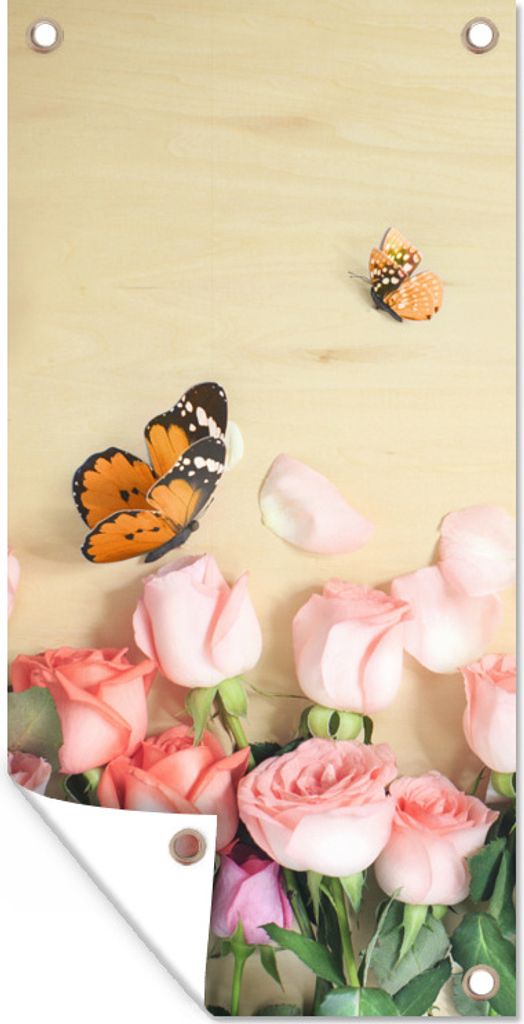 MuchoWow 80x160 cm Outdoor-Poster Gartendeko Sichtschutz Garten Poster für den Garten Blumen - Rosen - Gießkanne