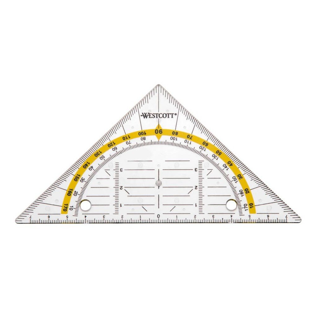A clear, professional studio shot of a Westcott geodreieck (triangle ruler) on a white background.