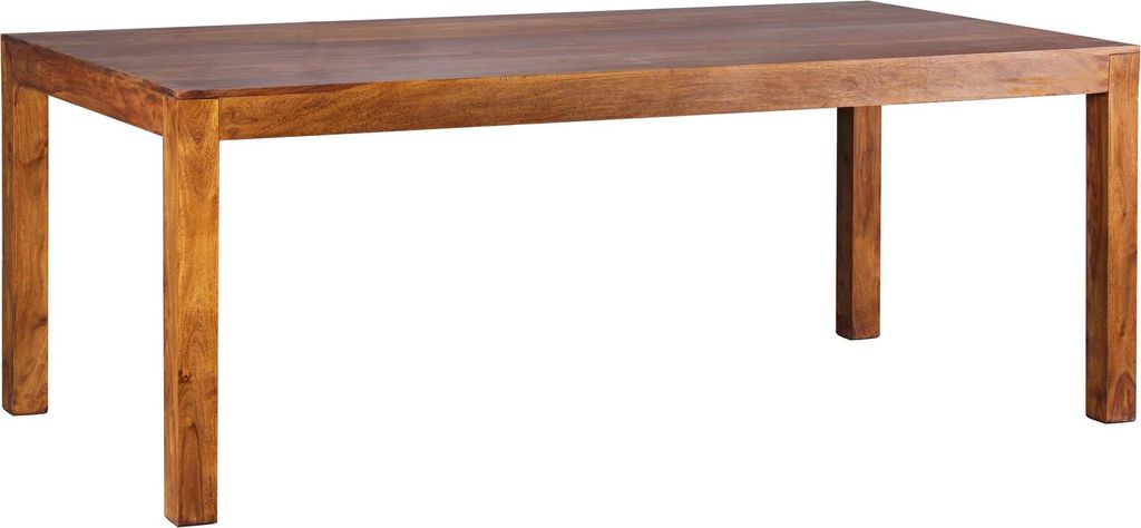 Esszimmertisch MUMBAI aus Sheesham Massivholz, Gesamtansicht von vorne mit rechteckiger Tischplatte und massiven Holzbeinen.