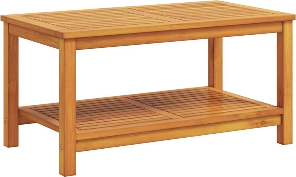 A wooden coffee table with a lower shelf, shown against a white background.