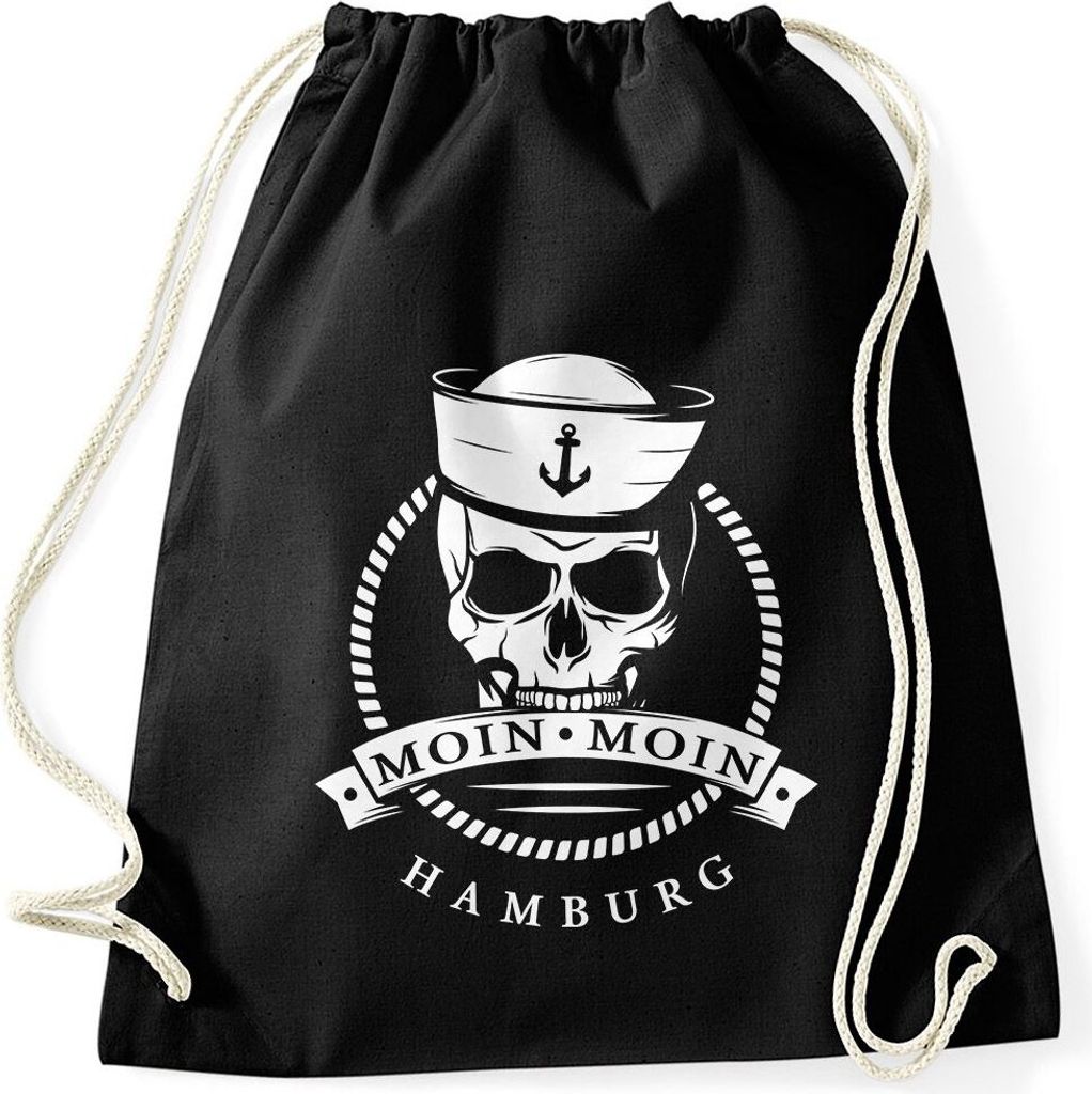Turnbeutel Totenkopf Matrose Anker Motiv Skull Emblem Schriftzug Moin Moin Hamburg Moonworks schwarz unisize