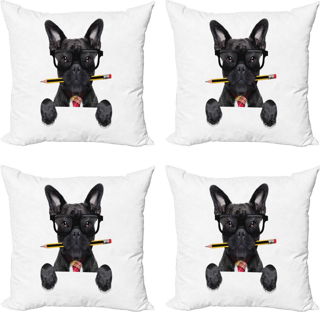 ABAKUHAUS Bulldogge Kissenbezug Set (4 Stück), Geschäftsmann Dog Glasses, Moderner Doppelseitiger Digitaldruck, 50 cm x 50 cm, Mehrfarbig