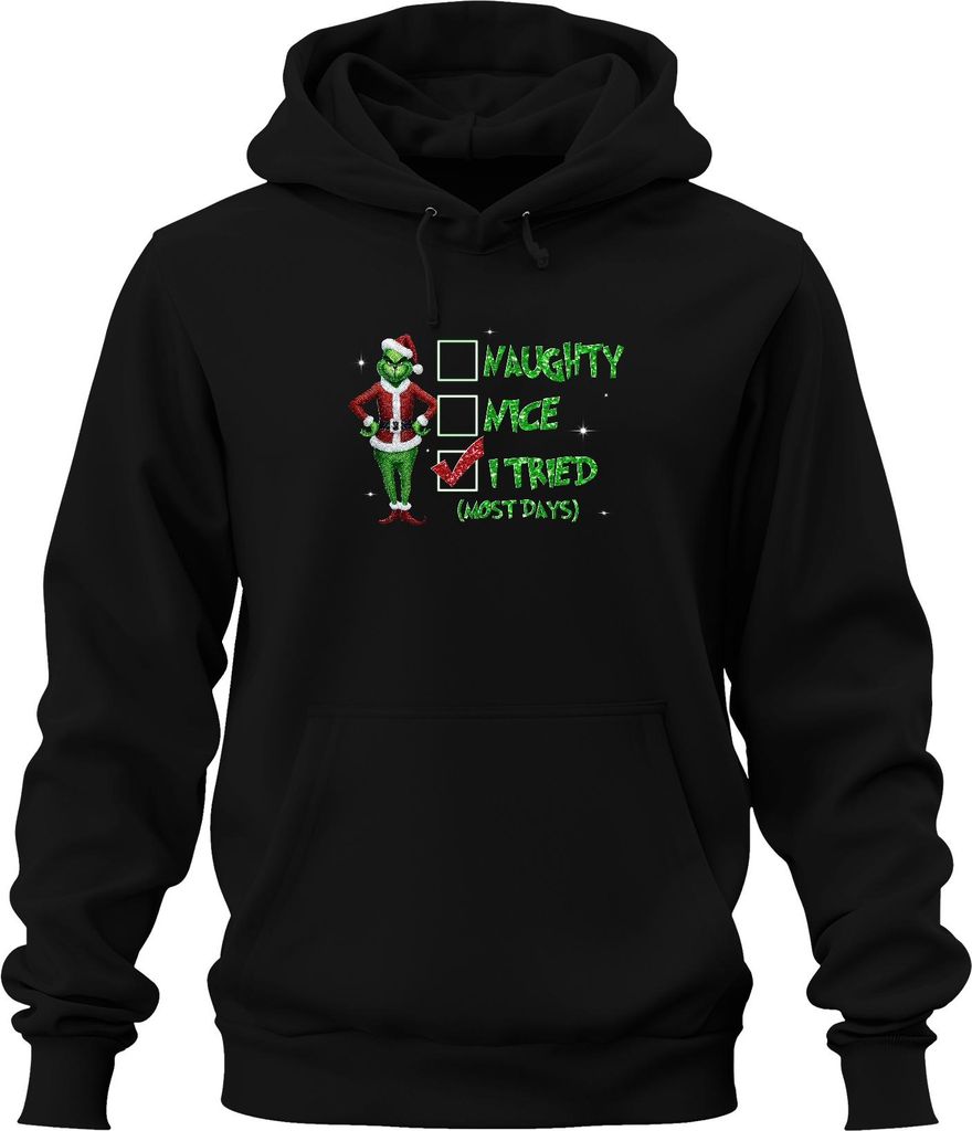 Grinch Santa I Tried (Most Days) Christmas Checkmark Funny Gift Uni Hoodie Kapuzenpullover, Schwarz, S