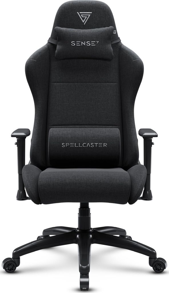 A black gaming chair is shown from the front against a white background.