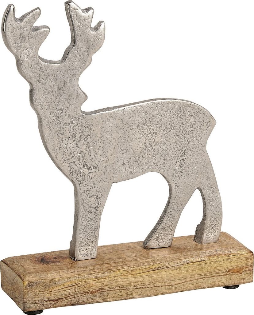 Hirsch Figur aus Metall auf Mango Holzplatte 18 x 22 cm