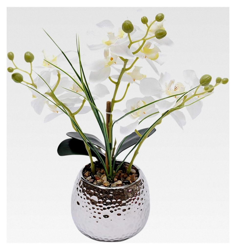 Künstliche Orchideen, 39 cm Phalaenopsis im runden Bonsai-Topf, Kunstblumen mit Topf für Heimdekoration, Büro und Küche, Weiß