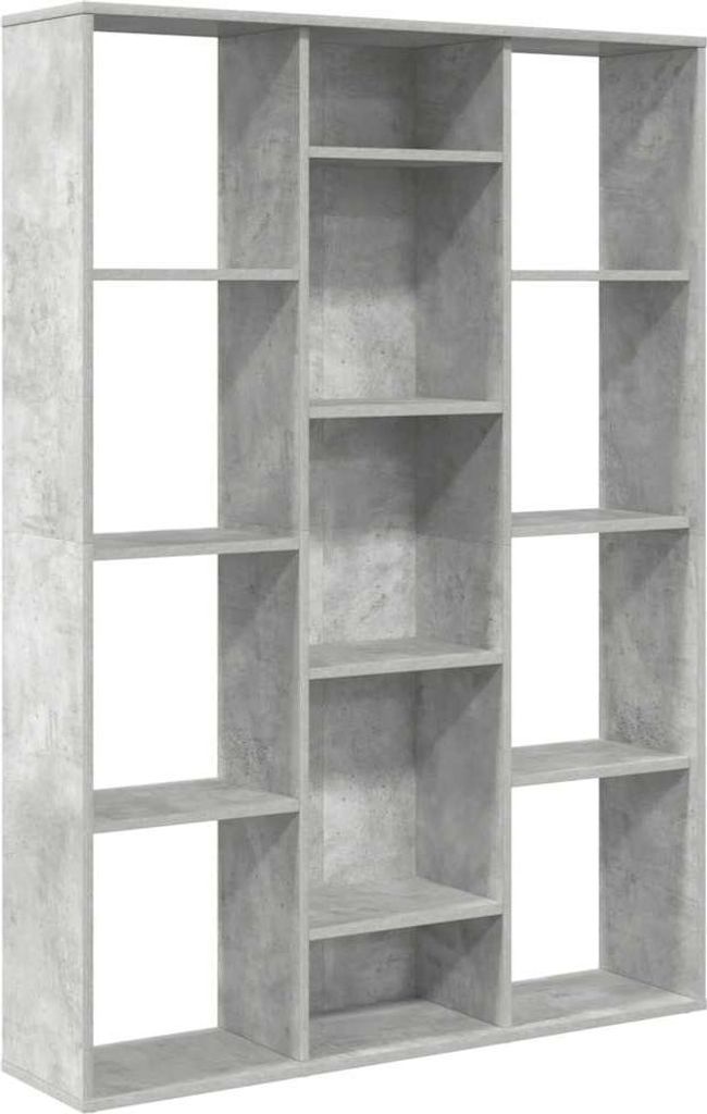 A freestanding bookshelf with multiple compartments against a white background.