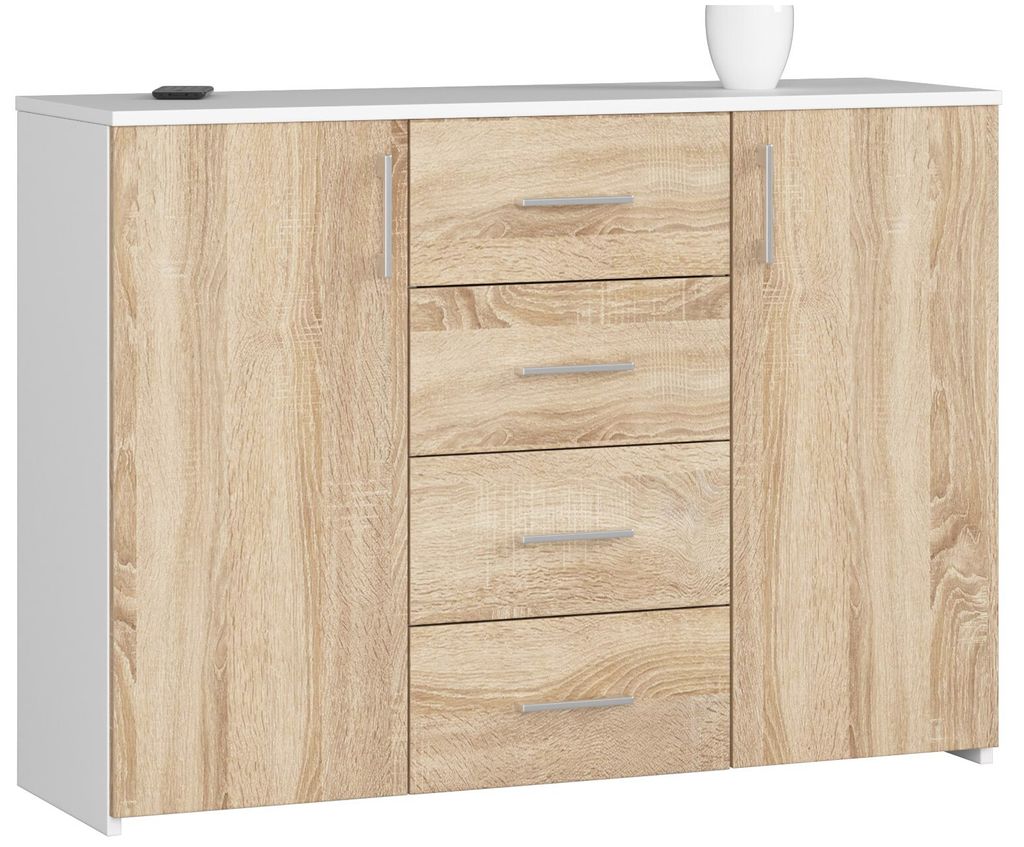 Kommode AKORD K45 Weiß 110 cm 2 Türen 4 Schubladen 4 Ebenen Front Sonoma-Eiche B110 x H80 x T35 cm