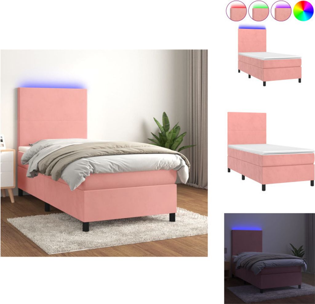 vidaXL Boxspringbett mit Matratze & LED Rosa 90x190 cm Samt - Betten & Bettgestelle