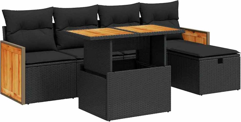 vidaXL 6-tlg. Garten-Sofagarnitur mit Kissen Schwarz Poly Rattan