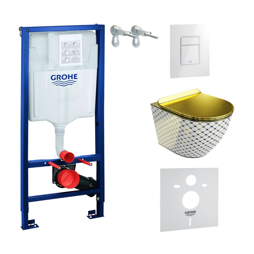GROHE Vorwandelement Solido + Wand Hänge WC Sofi Slim Checked Gold/Weiß Spülrandlos + WC-Sitz SoftClose | Glänzend Weiß Knopf | Komplettset | ...