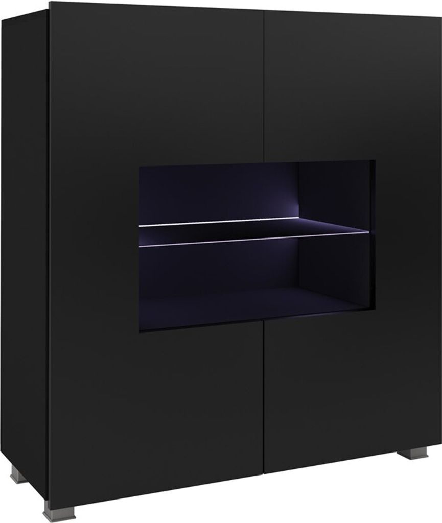 Highboard Schrank Vitrine LABRI 100x105x35cm Schwarz Hochglanz + LED