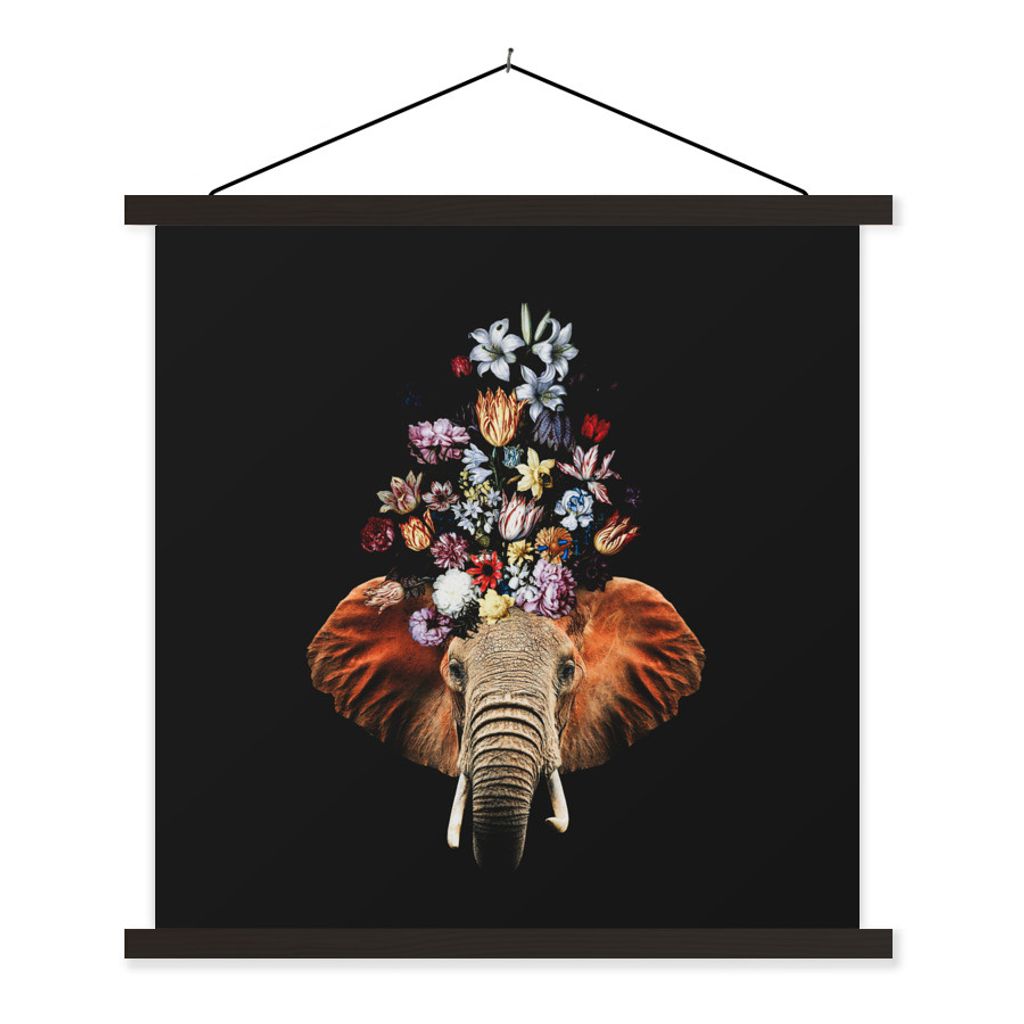 MuchoWow Textilposter Elefant - Blumen - Farben 120x120 cm mit schwarzem Rahmen - Aufhängungsset