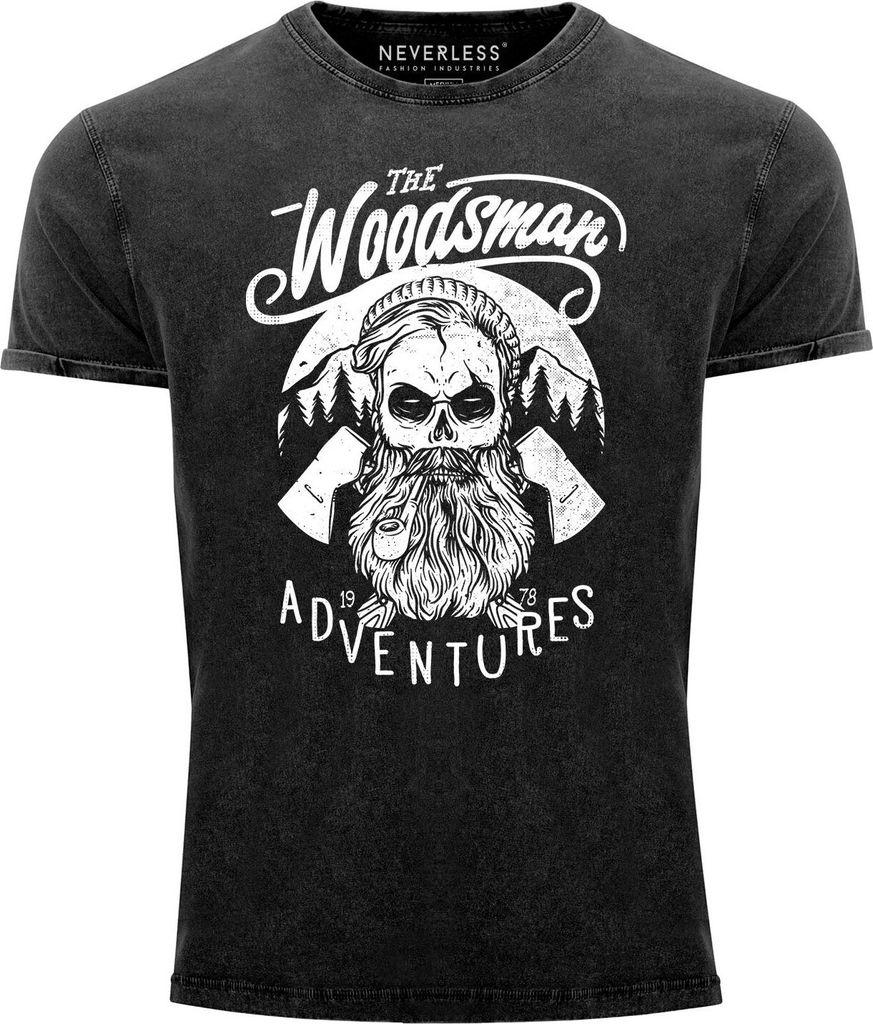 Cooles Angesagtes Herren T-Shirt Vintage Shirt Lumberjack Woodsman Hipster Bart Skull Aufdruck Used Look Slim Fit Neverless schwarz XL