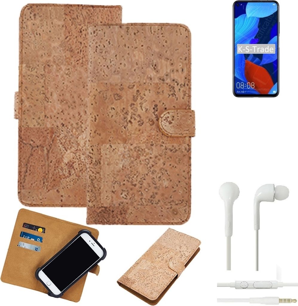 K-S-Trade Hülle kompatibel mit Huawei nova 5T + in ear Kopfhörer Kork Handyhülle Cover Schutzhülle TPU Case Bumper in Hellbraun, (1x)