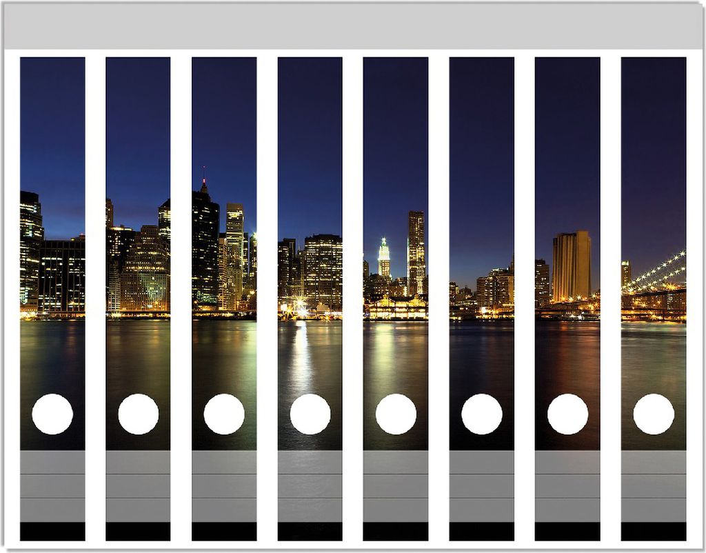 Wallario Ordnerrücken Sticker, selbstklebend für schmale Ordner, 8 Stück, Motiv New York Skyline - Brooklyn Bridge und Manhattan am Abend