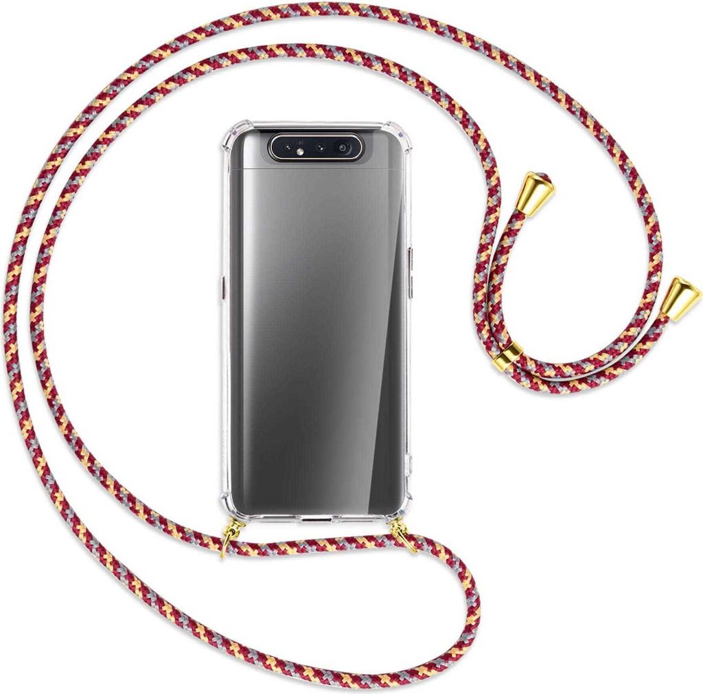 Handykette Backcover-Schutzhülle mit Band (Metall goldfarben) für Samsung Galaxy A80 - weinrot/gelb/grau