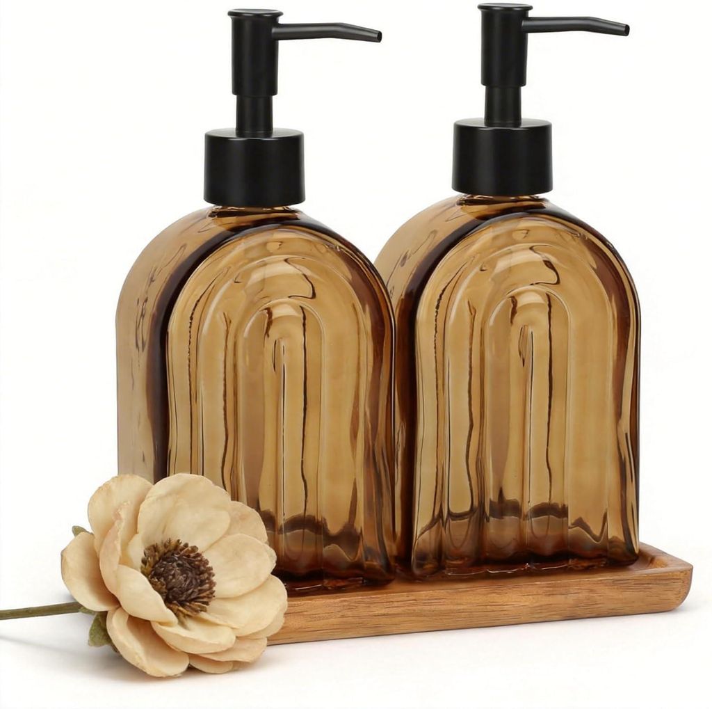 Seifenspender aus Glas, 2 Stück, 400 ml; Spülmittelspender für Küche und Bad mit Holztablett; Handseifenspender für die Arbeitsplatte (bernste...