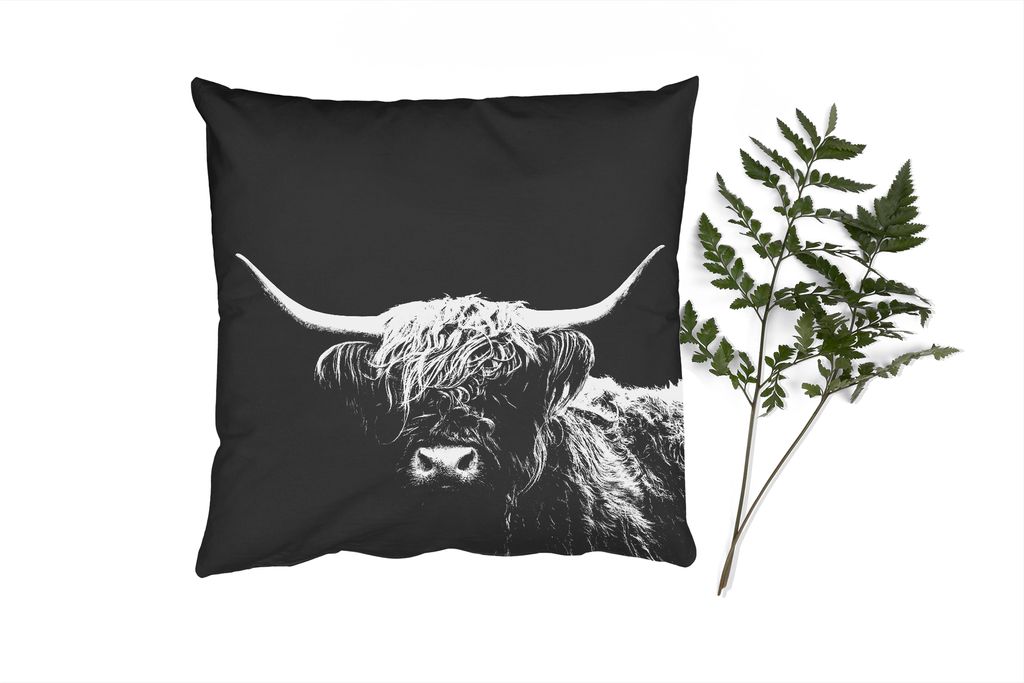 MuchoWow Zierkissen Sofakissen Wohnzimmer Dekokissen 40x40 cm Schottisches Hochlandrind - Kuh - Schwarz - Weiß - Tiere - Foto Kissen - Schlafzim...