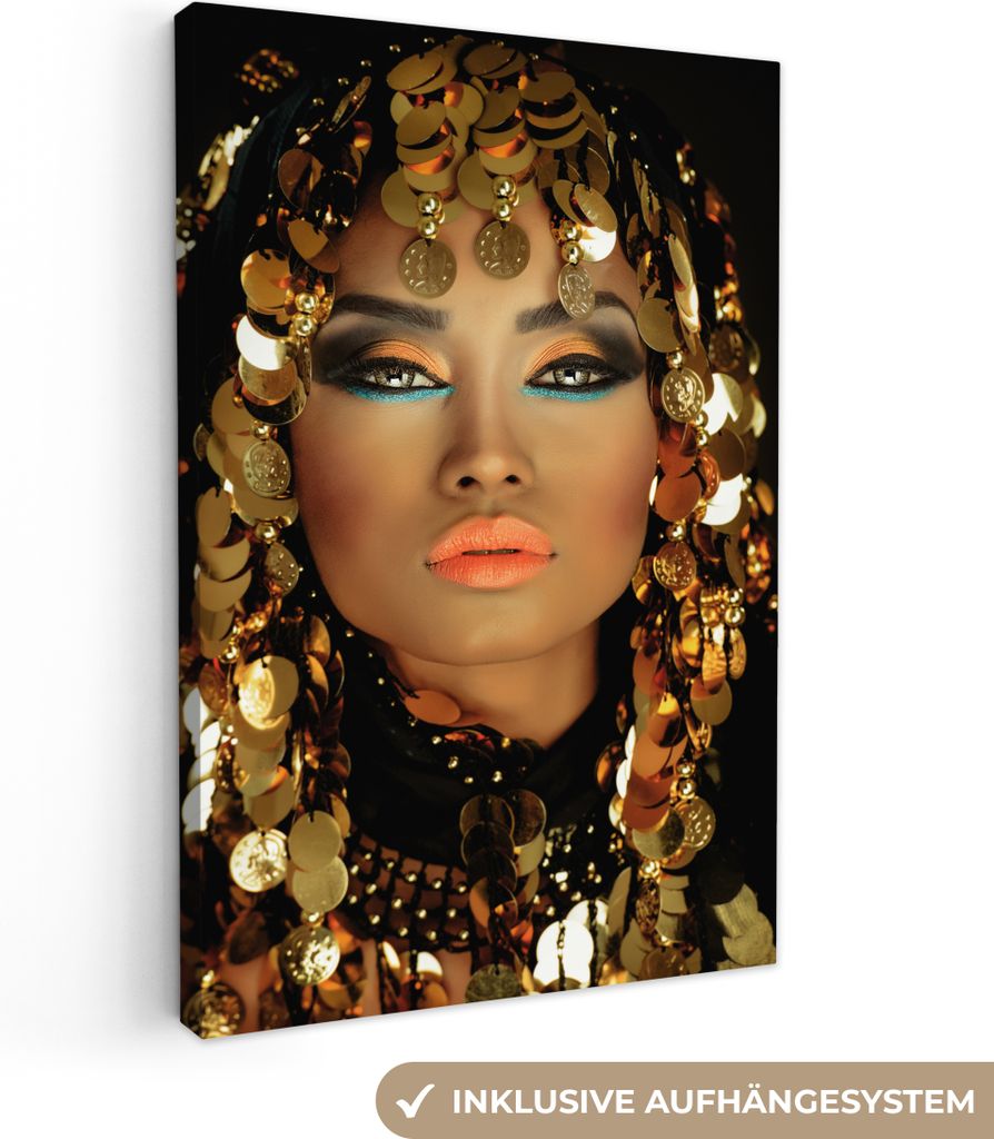 MuchoWow - Leinwandbilder - Frau - Kleopatra - Gold - Schmuck - Make-up - Luxus, Wandbild, Wanddeko Bilder Wohnzimmer, 40x60 cm